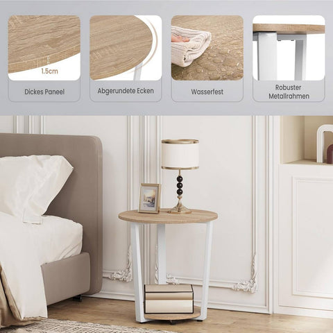Rootz Round Side Table with 2 Shelves - Small Sofa Table - Open Design - Metal Frame - E1 Wood Material - 50cm x 53cm x 50cm