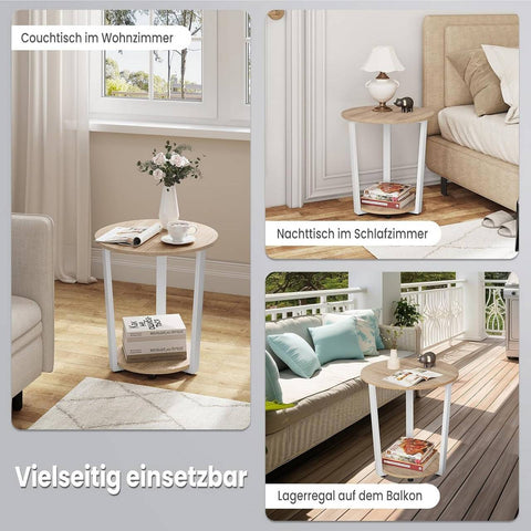 Rootz Round Side Table with 2 Shelves - Small Sofa Table - Open Design - Metal Frame - E1 Wood Material - 50cm x 53cm x 50cm