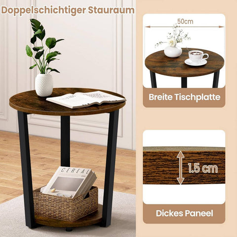 Rootz Round Side Table - Sofa Table - End Table - 2 Shelf Storage - Solid & Sturdy - 50cm x 53cm x 50cm