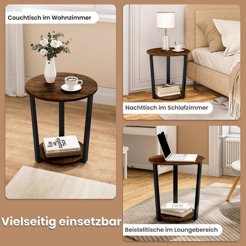 Rootz Round Side Table - Sofa Table - End Table - 2 Shelf Storage - Solid & Sturdy - 50cm x 53cm x 50cm