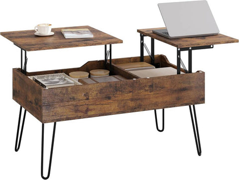 Rootz Lift Top Coffee Table - Hidden Storage - Rustic Wood Look - Dining Table - Metal Legs - 115cm x 60cm x 75cm
