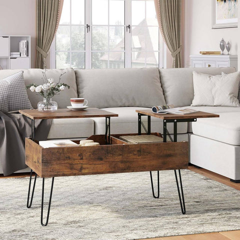 Rootz Lift Top Coffee Table - Hidden Storage - Rustic Wood Look - Dining Table - Metal Legs - 115cm x 60cm x 75cm
