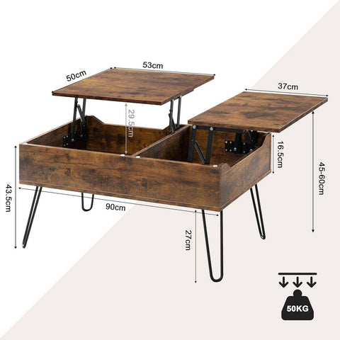 Rootz Lift Top Coffee Table - Hidden Storage - Rustic Wood Look - Dining Table - Metal Legs - 115cm x 60cm x 75cm