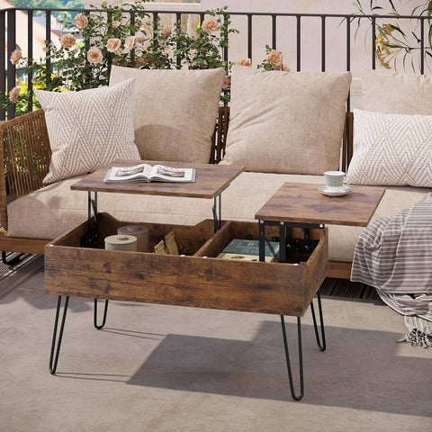 Rootz Lift Top Coffee Table - Hidden Storage - Rustic Wood Look - Dining Table - Metal Legs - 115cm x 60cm x 75cm