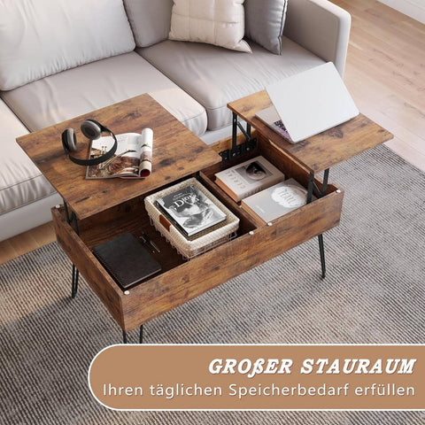 Rootz Lift Top Coffee Table - Hidden Storage - Rustic Wood Look - Dining Table - Metal Legs - 115cm x 60cm x 75cm