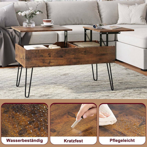 Rootz Lift Top Coffee Table - Hidden Storage - Rustic Wood Look - Dining Table - Metal Legs - 115cm x 60cm x 75cm