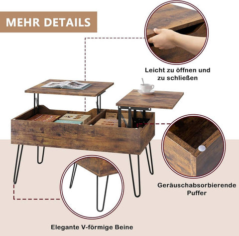 Rootz Lift Top Coffee Table - Hidden Storage - Rustic Wood Look - Dining Table - Metal Legs - 115cm x 60cm x 75cm