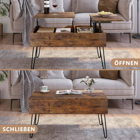 Rootz Lift Top Coffee Table - Hidden Storage - Rustic Wood Look - Dining Table - Metal Legs - 115cm x 60cm x 75cm