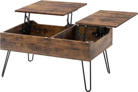 Rootz Lift Top Coffee Table - Hidden Storage - Rustic Wood Look - Dining Table - Metal Legs - 115cm x 60cm x 75cm