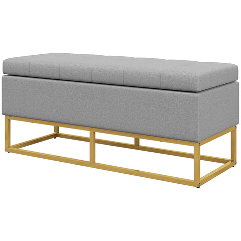 Rootz Bench with Storage - Upholstered Seat - Steel Leg Furniture - Space Efficient - 110cm x 44cm x 48cm - Gray & Gold