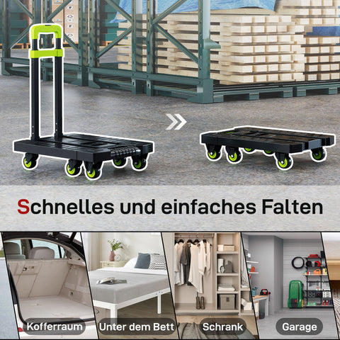 Rootz Sack Truck - Foldable Hand Trolley - Metal Dolly - Adjustable Handle - Up to 200kg Load - 49 x 35 x 102 cm - Compact Storage - Green,Black