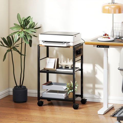 Rootz Printer Rack - Printing Shelf - Mobile Stand - Dual EU Sockets - 42cm x 28.5cm - Holds Up to 40kg - Rustic Brown and Black