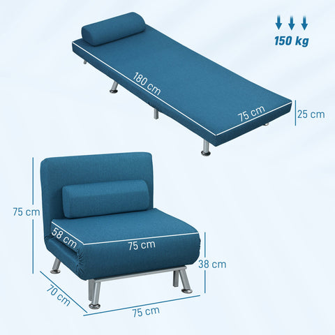 Rootz Folding Armchair Bed - Relax Chair - Convertible Sofa - Sleep Function - Adjustable Backrest - 75 x 70 x 75 cm - Blue