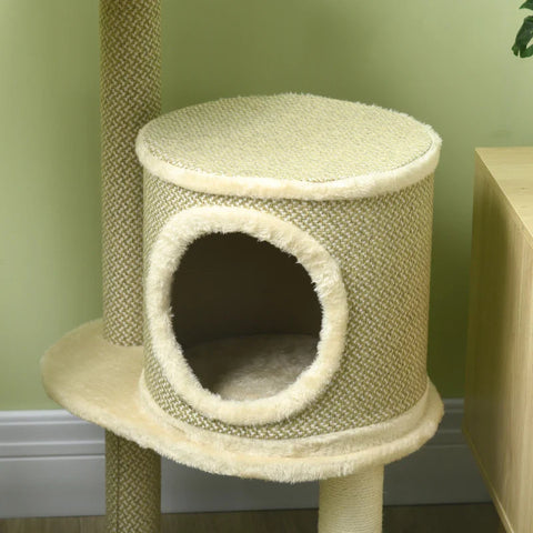 Rootz Scratching Post - Cat Tree - 1 Cat Bed - 1 Cat Cave - 2 Lying Areas - Chipboard - Imitation Linen - Brown + Beige + White - 124 cm x 59 cm x 40cm