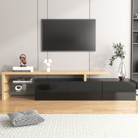 Rootz Elegant TV Cabinet - High Gloss Black - Wood Look - Glass Shelves - LED Lighting - 197.5L x 39W x 42H cm
