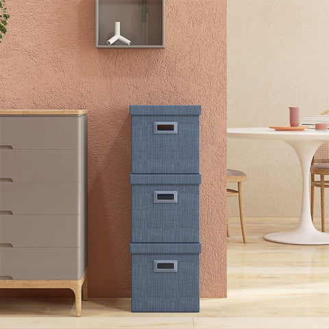 Rootz Storage Box Set - 3 Cubes - Collapsible Bins - Linen Look - Removable Lid - Side Handles - Space Saving - Blue - 30cm x 30cm x 29cm