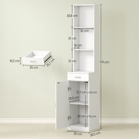 Rootz High Bathroom Cabinet - Storage Unit - Tall Organizer - Maximum Storage - 35cm x 30.5cm x 179cm - White