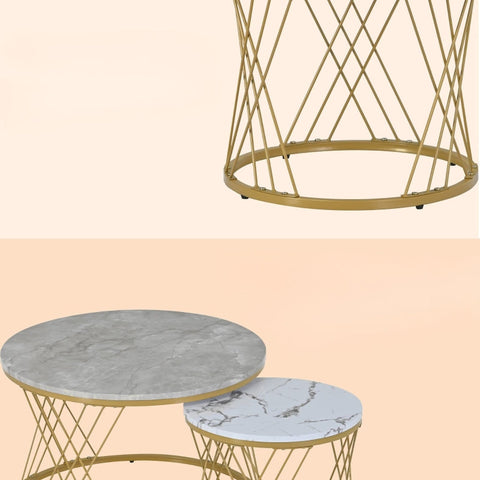 Rootz Set of 2 Modern Coffee Tables - High-Gloss Marble - Nesting Tables - 30kg Load Capacity - 70cm x 70cm x 45cm