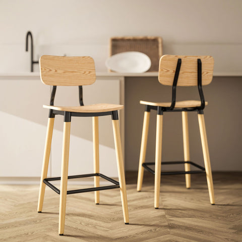 Rootz 2-Set Bar Stool with Backrest - Bar Chairs - Kitchen Island Seating - Nordic Charm - 41cm x 47cm x 94cm