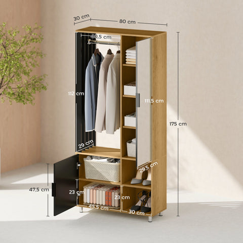 Rootz Wardrobe with Mirror - Closet - Storage Unit - Full-Body Mirror - 80B x 30T x 175H cm, Black & Brown