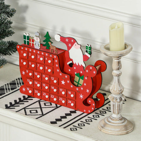 Rootz Santa Sleigh Advent Calendar - Christmas Countdown - Desk or Mantel Decor - 24 Compartments - Reusable - Red - 22.5cm x 8cm x 36cm