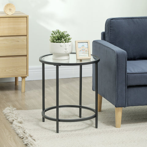 Rootz Round Side Table - Small Coffee Table - Glass Top - Sturdy Frame - Floor Protection - 48cm x 48cm x 54.7cm