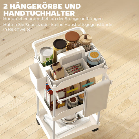 Rootz Storage Trolley White – Organizer Cart – Rolling Utility Trolley – Space-Saving, Stable Metal Frame – 3 Baskets, Towel Rack, 42x42.5x76cm