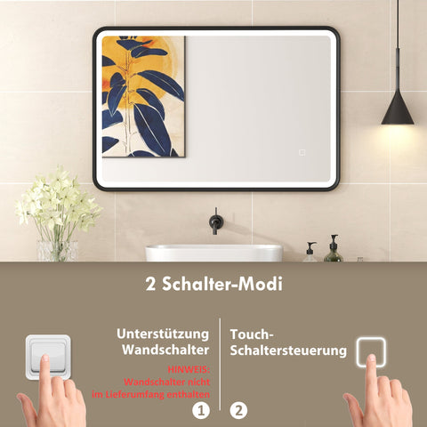 Rootz LED Bathroom Mirror 90x60cm - Vanity Wall Mirror - Dimmable Lighted Mirror - Anti-Fog, Memory Touch, IP44 Splashproof, Black, 90 x 60 x 4 cm