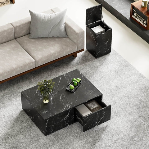 Rootz Marble Pattern Coffee Table Set - Modern Tables - Versatile Design - Added Storage - 100x33.5x70cm (Large), 32x32x50cm (Small)