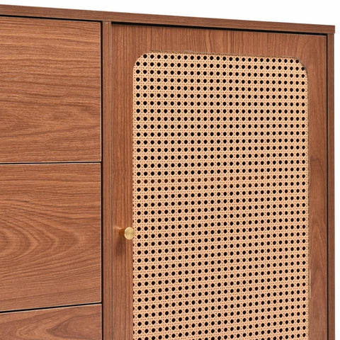 Rootz Faux Rattan Chest of Drawers - 2 Door, 3 Drawer - Walnut Finish - Ample Storage - 150L x 40D x 90H cm