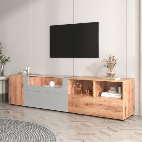 Rootz TV Cabinet - Entertainment Center - Media Stand - Ample Storage - 190cm x 40cm x 48cm - LED Lights - Glass Top - Rustic Modern Design