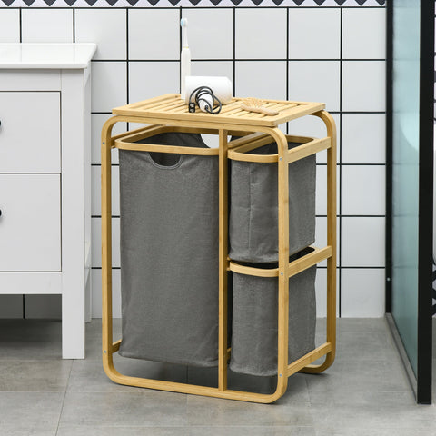 Rootz Bamboo Laundry Basket - Clothes Hamper - Storage Organizer - 3 Pull-Out Bags - 49W x 33D x 70H cm - Grey, Brown