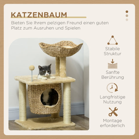 Rootz Cozy Chic Cat Tree - Elegant Feline Tower - Braided Reed Coaching - Plush Coverings - Scratching Posts - Sisal - 45cm x 40cm x 74cm