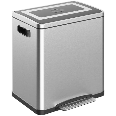 Rootz Kitchen Waste Bucket - Dual Compartment Trash Can - Pedal Bin - Stainless Steel - Quiet Lid - 40cm x 34.8cm x 47.5cm