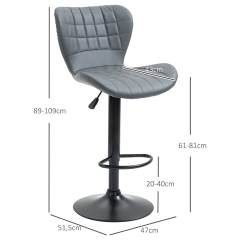 Rootz Faux Leather Bar Stools Set - Adjustable Height Stools - Rotating Seats - Steel Frame - Gray - 47cm x 51.5cm x 89-109cm