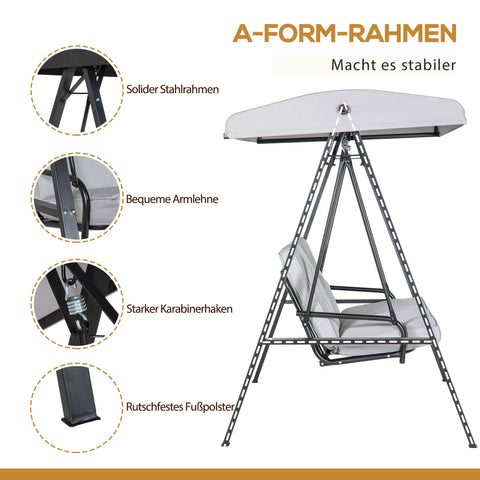 Rootz Hollywood Swing - 2-Seater Garden Swing - Patio Hammock - Steel Frame - Adjustable Roof - 145 x 116 x 172 cm - Up to 220kg Capacity