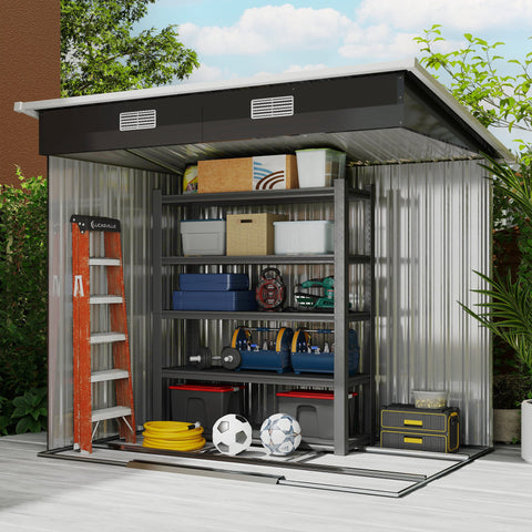 Rootz Equipment Shed Metal 2.3 m² - Garden Storage - Outdoor Tool Shed - Robust and Durable - 207 x 130 x 182 cm - Black - Pent Roof & Sliding Door