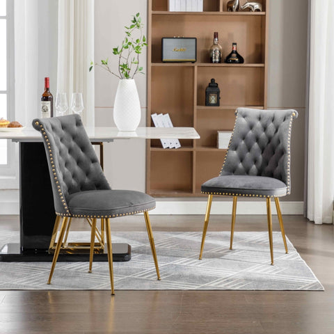 Rootz Set of Two Velvet Dining Chairs - Padded Backrest - Ergonomic Seating - Gold Metal Legs - 43.9cm x 62cm x 87.5cm