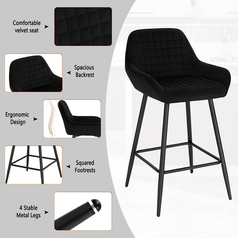 Rootz Barkruk - Counter Stool - Kitchen Island Barkruk - Fluwelen bekleding - Ergonomisch ontwerp - Stabiel metalen frame - 32,5 cm x 37 cm zitmaat