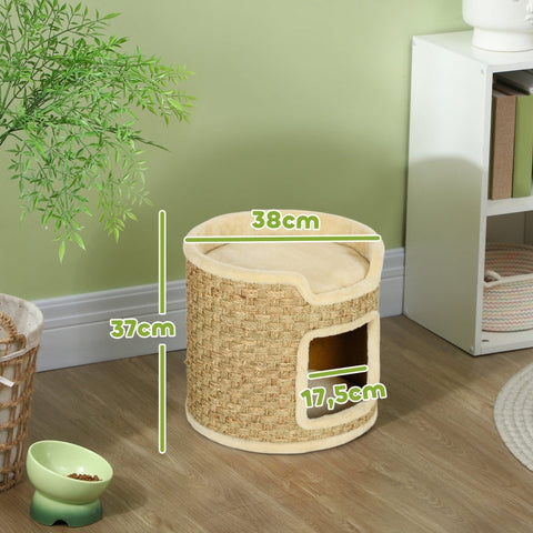 Rootz Cat Tower Barrel - Scratching Post - Scratcher Tree - Chipboard - Sisal Rope - 38cm x 37cm - Khaki+Beige