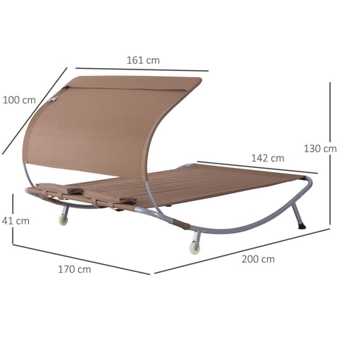 Rootz Double Sun Lounger with Roof - Outdoor Recliner - Rollable Steel Bed - UV Protection - 200cm x 170cm x 130cm