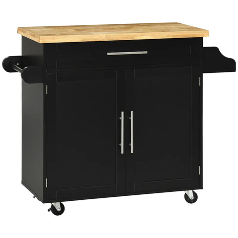 Rootz Kitchen Trolley - Kitchen Island - Serving Trolley - 1 Spice Rack - 1 Towel Holder - Rubber Wood - Black - 109L x 40W x 89H cm