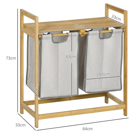 Rootz Laundry Collector with Two Spacious Baskets - Laundry Sorter - Bamboo Frame - Top Shelves - 64cm x 33cm x 73cm