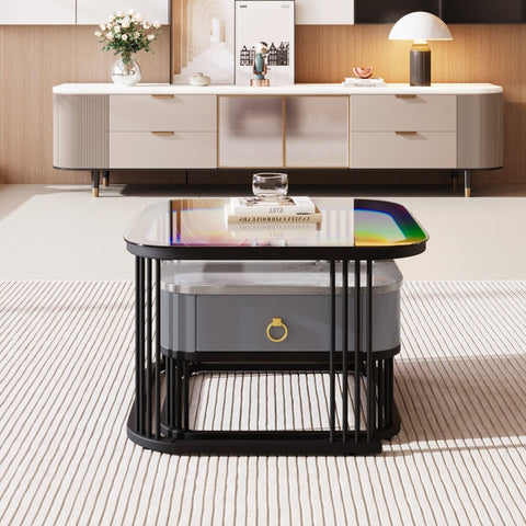 Rootz Modular Coffee Table Set - High-Gloss Marble - Glass Top - Luxurious Design - 60x60x42cm & 50x50x34cm - Practical Drawers