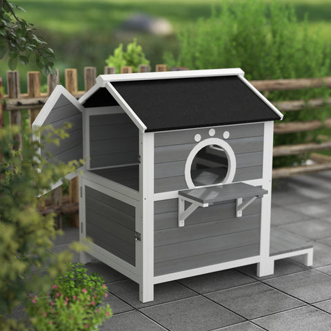 Rootz Outdoor Cat House - Weatherproof Shelter - Kitty Condo - 2 Levels - Removable Floor - 66cm x 66cm x 90cm - Grey White