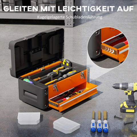 Rootz Tool Box Empty - Tool Chest - Storage Organizer - Scratch & Rust-Resistant - 49.7 x 25.3 x 23 cm - Orange Steel with Drawer