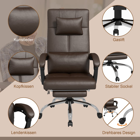 Rootz Ergonomic Office Chair - Massage Recliner - Desk Seating - Comfort & Style - 66cm x 67cm x 115-123cm - Brown