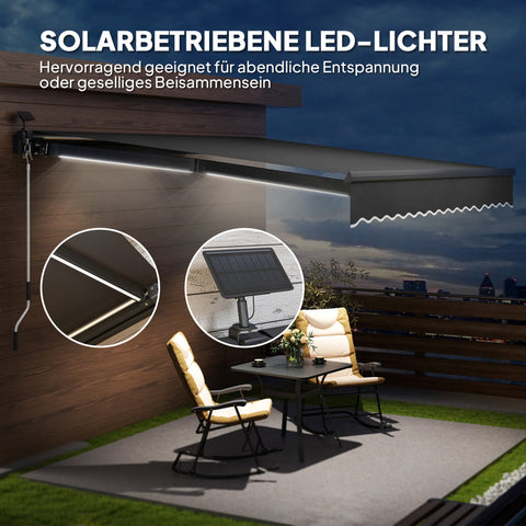 Rootz Klemmmarkise with Hand Crank - Joint Arm Awning - Sun Shades - UV 50+ Protection - 395cm x 300cm - Solar LED Lights