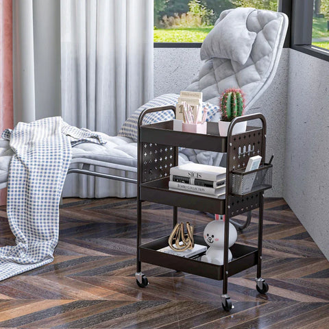 Rootz Multi-purpose Trolley - Kitchen Trolley - 3 Shelves - 4 Wheels - Black - 53.5 cm x 30.5 cm x 75 cm