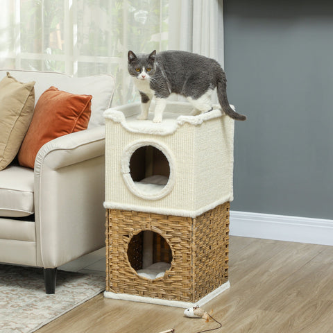 Rootz Cat Tree Tower - Scratch Bin - Cat Condo - Promotes Claw Health - 41cm x 41cm x 75.5cm - Cream White
